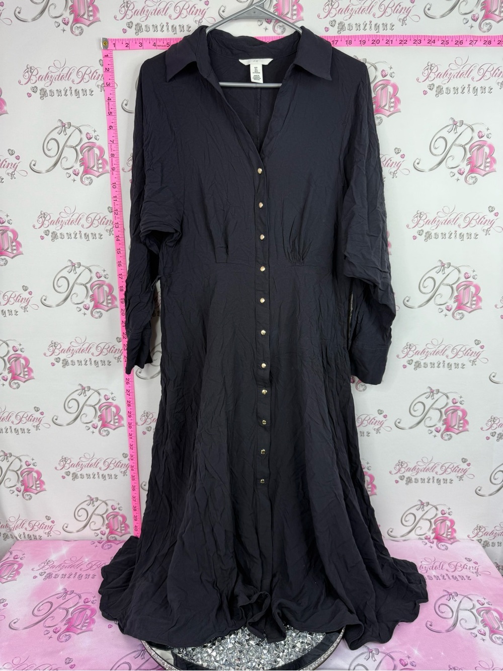 H&M dress long Black navy dark Button-Front Collared Maxi Dress